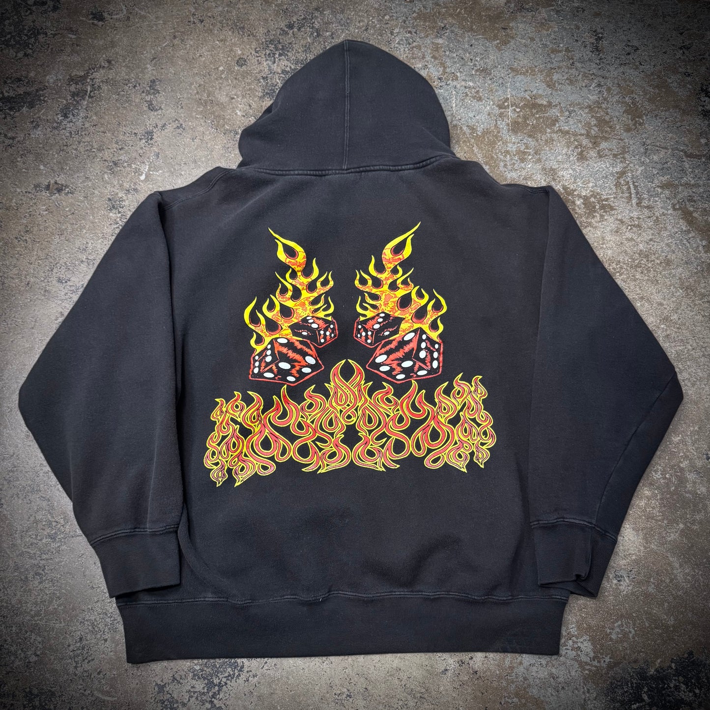 Vintage 00s West Coast Choppers WCC Flaming Dice Faded Black Hoodie