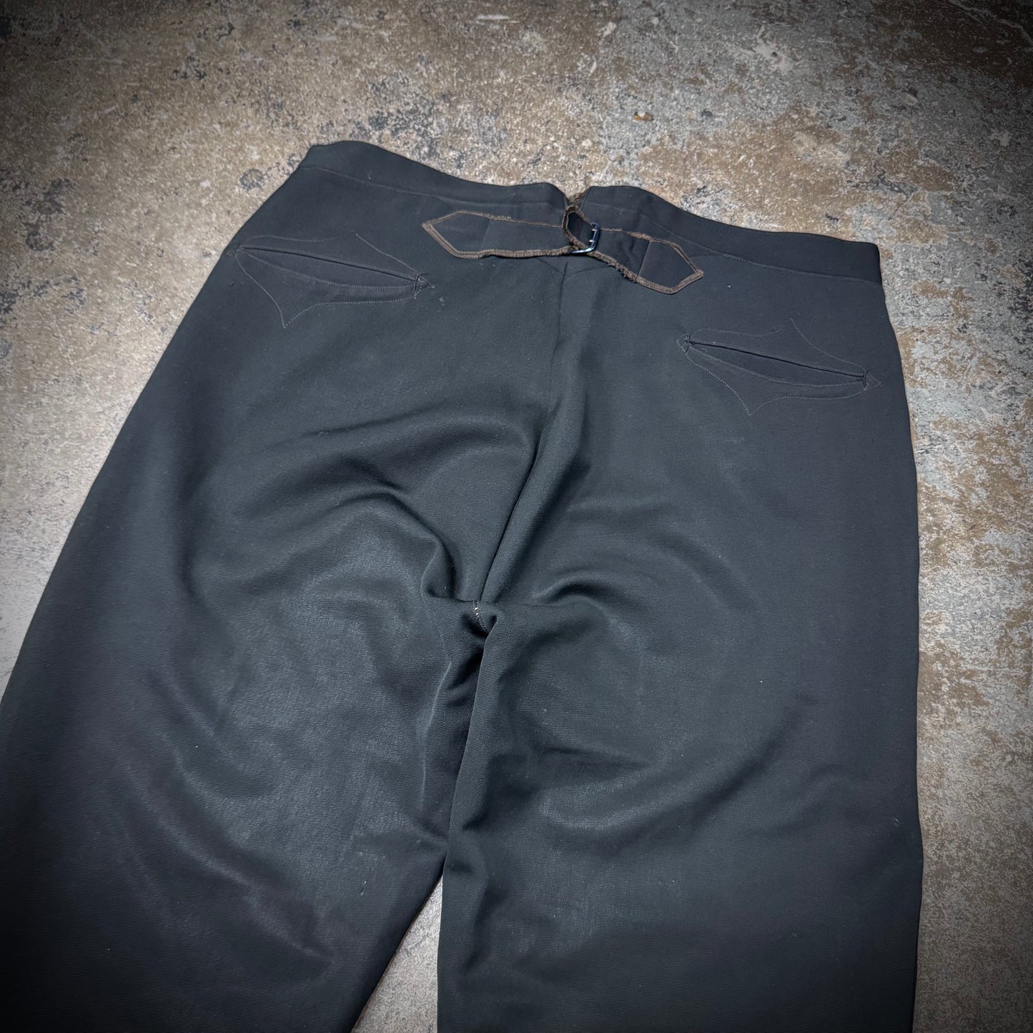 True Vintage 20s/30s Black Wool Gabardine Buckle Back Embroidered Pocket Cowboy Pants