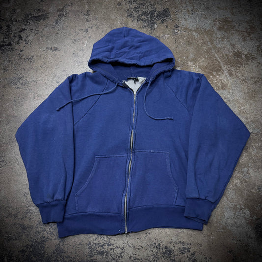 Vintage 70s/80s Tri Blend Thermal Lined Distressed Dark Blue Zip Up Hoodie
