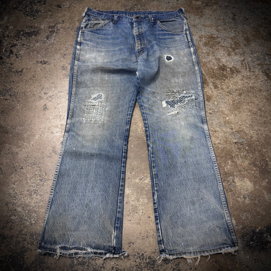 Vintage 60s Sashiko Repaired Distressed Wide Boot Cut Denim Jeans