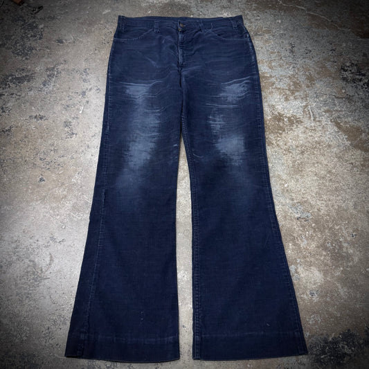 Vintage 70s Levi’s White Tab Distressed Corduroy Navy Blue Boot Cut Jeans