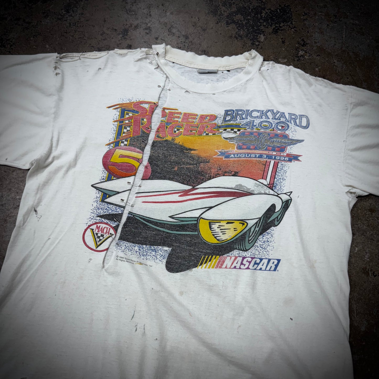 Vintage 90s Speed Race NASCAR Safety Pin Repaired T-Shirt