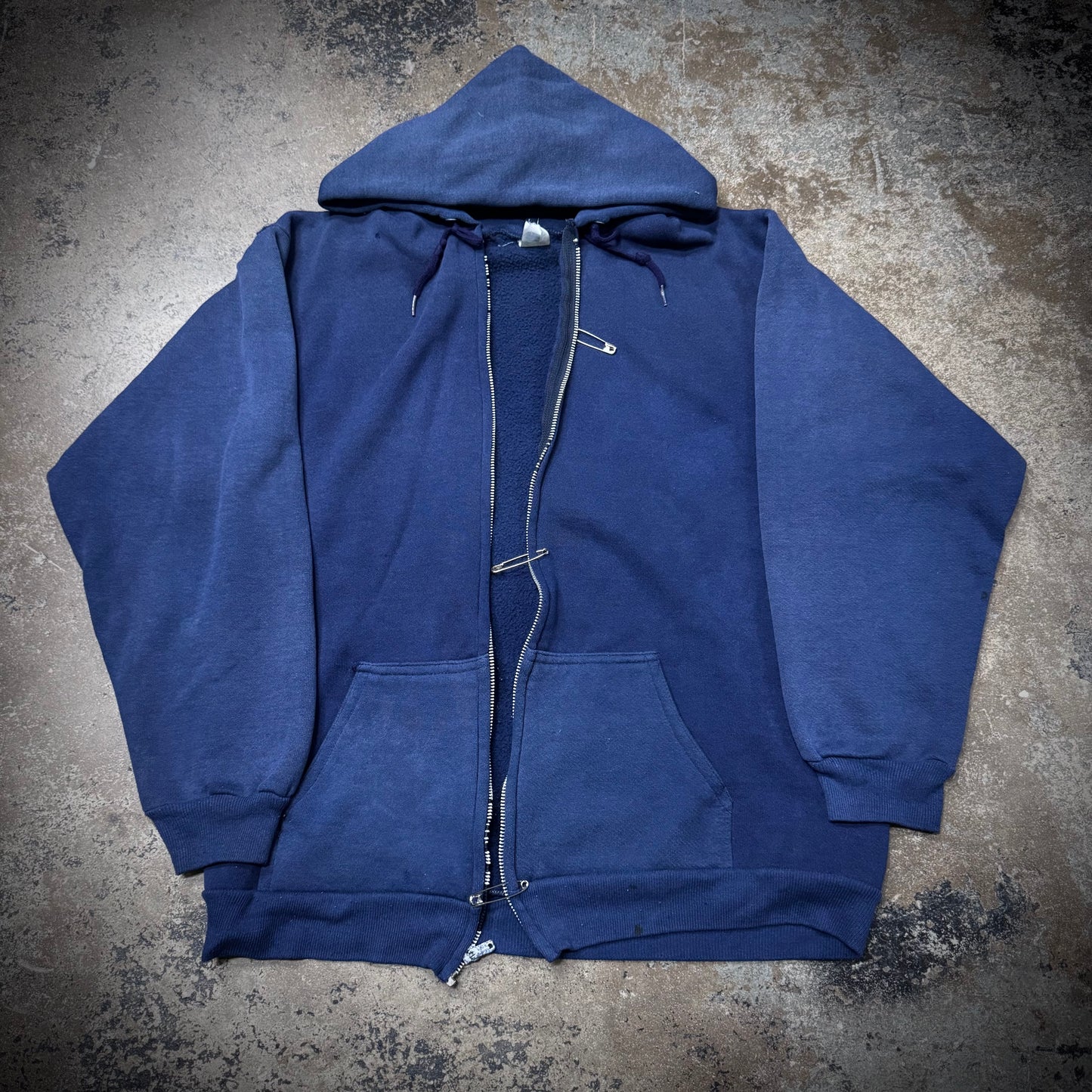 Vintage 80s Saftey Pin Closure Faded Navy Zip Hoodie