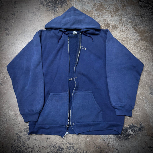 Vintage 80s Saftey Pin Closure Faded Navy Zip Hoodie