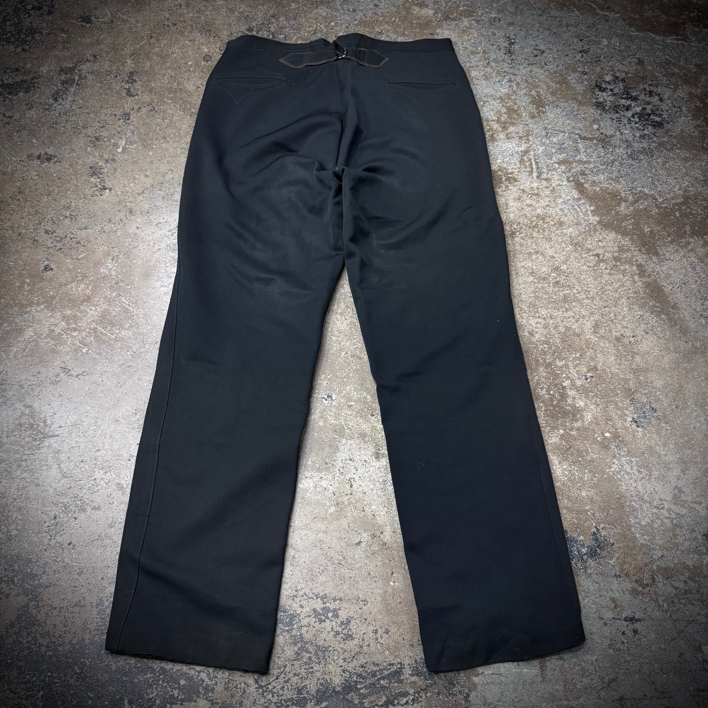 True Vintage 20s/30s Black Wool Gabardine Buckle Back Embroidered Pocket Cowboy Pants