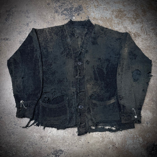Vintage 1930s Salt & Pepper Thrashed Faded Black Cardigan Sweater