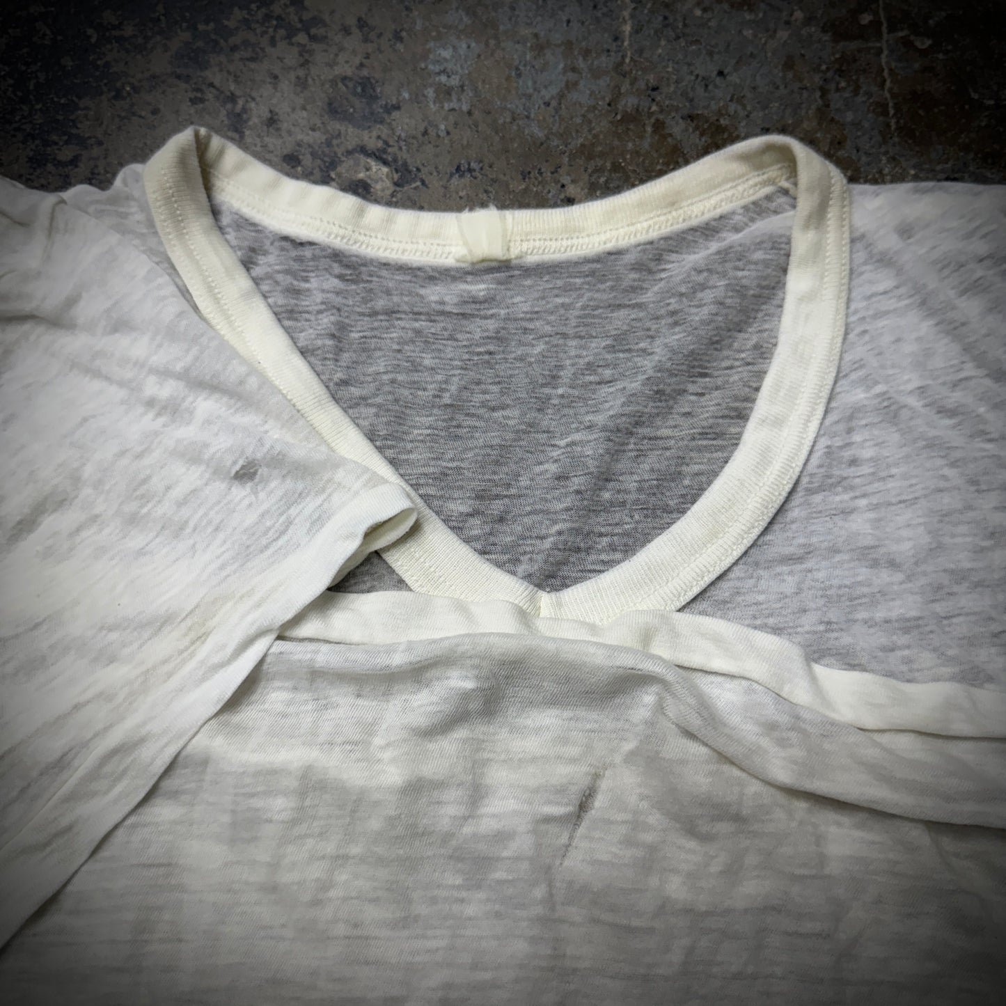 Vintage 70s Paper Thin Thrashed Deep V Blank White T-Shirt