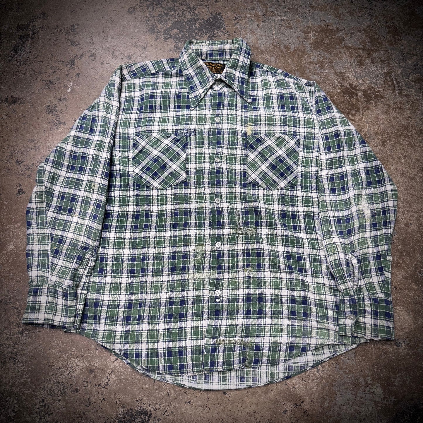 Vintage 70s Distressed and Repaired Plaid Cotton Shirt