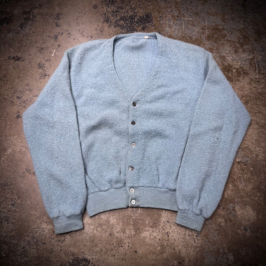 Vintage 70s Fuzzy Light Blue Acrylic/Wool Blend Cardigan Sweater
