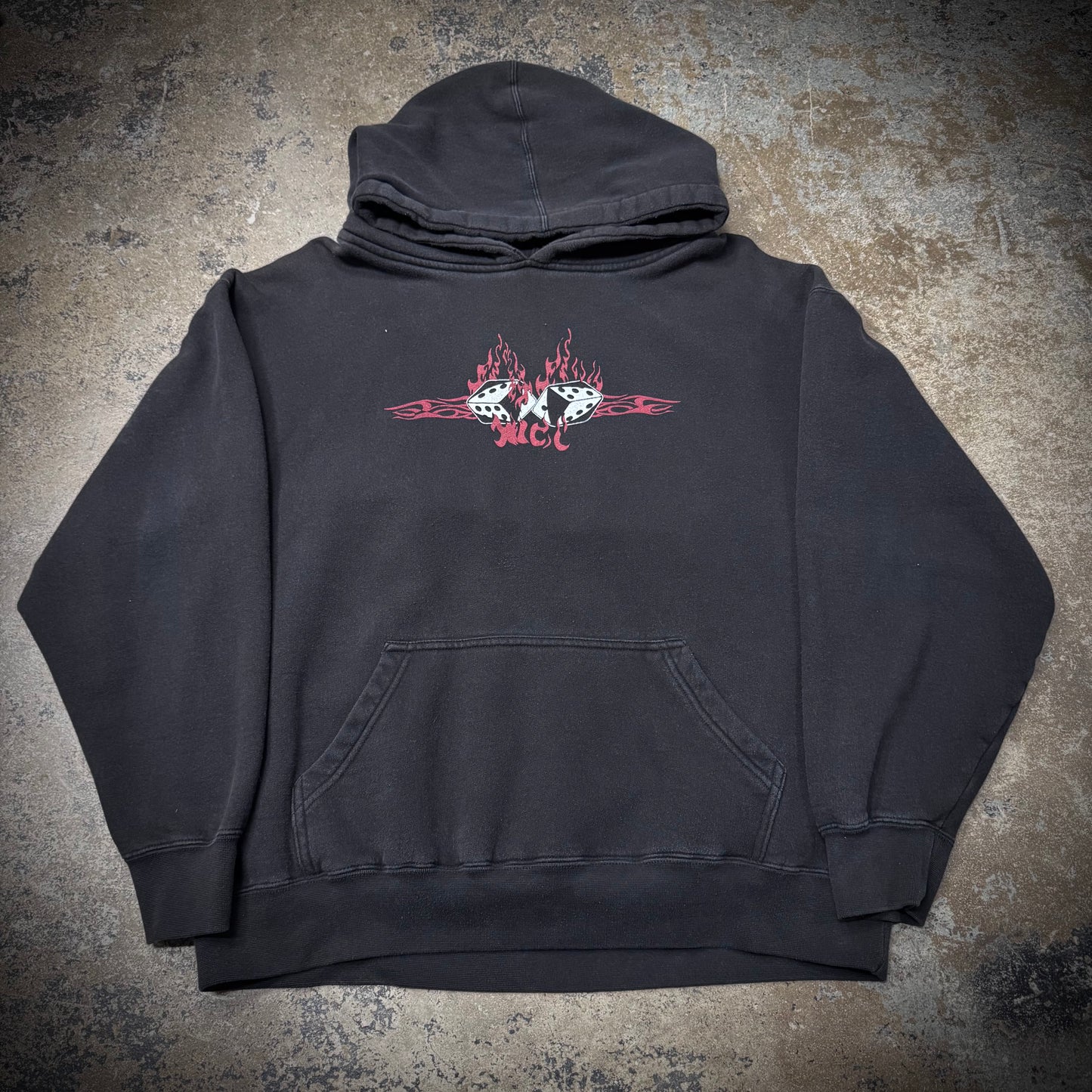 Vintage 00s West Coast Choppers WCC Flaming Dice Faded Black Hoodie