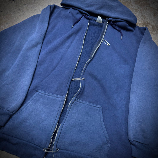 Vintage 80s Saftey Pin Closure Faded Navy Zip Hoodie