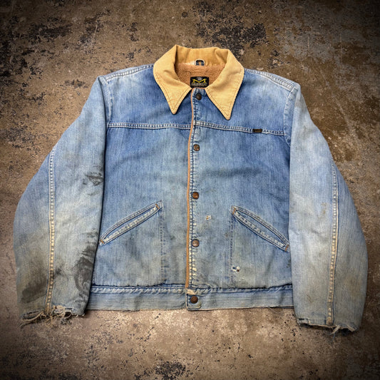 Vintage 60s/70s Maverick Blue Bell Fleece Lined Corduroy Collat Distressed Denim Jacket