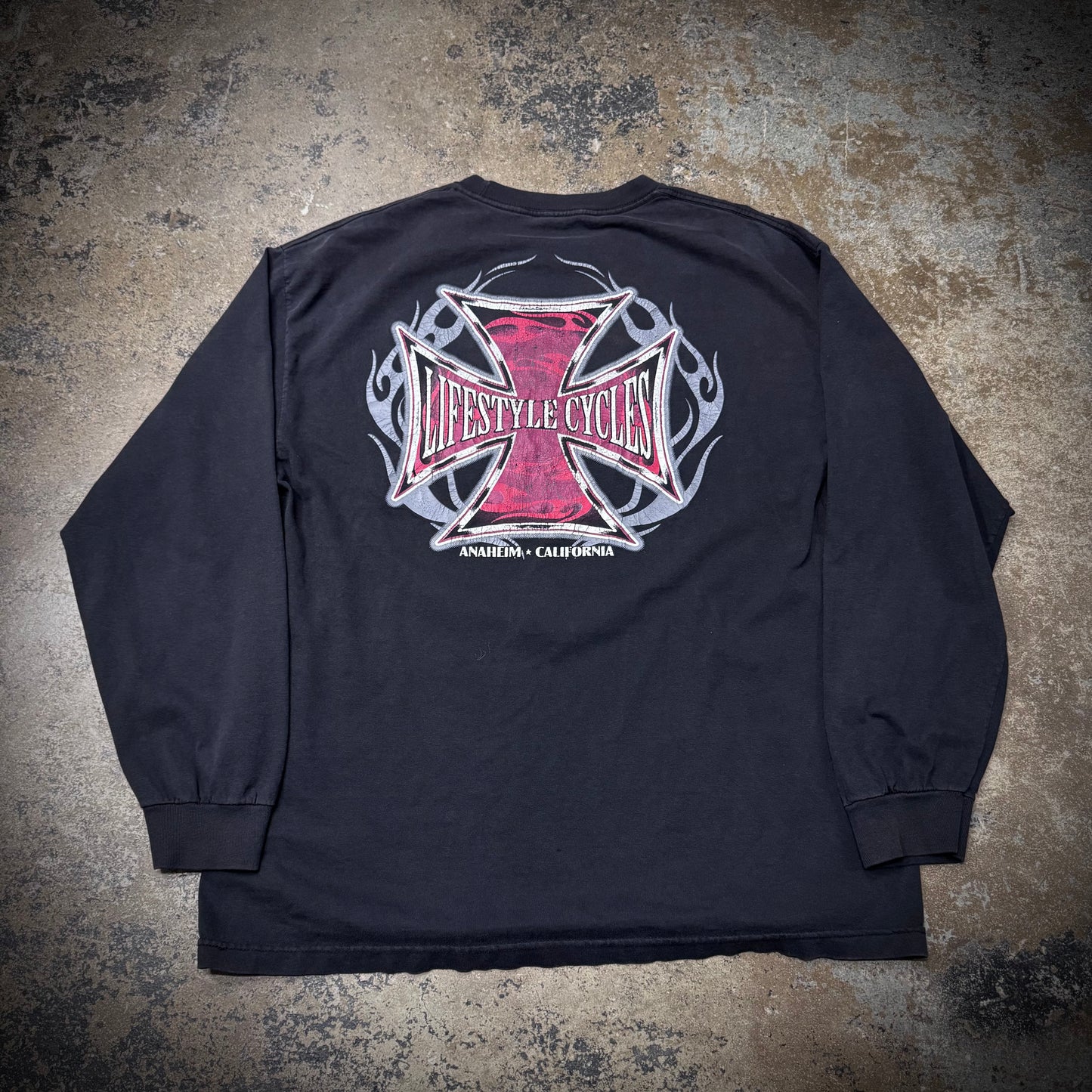 Vintage 00s Lifestyle Cycles WCC Style Biker Long Sleeve Faded Black T-Shirt