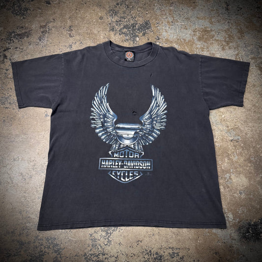 Vintage 90s Faded Black Distressed Harley Davidson Chrome Wings T-Shirt