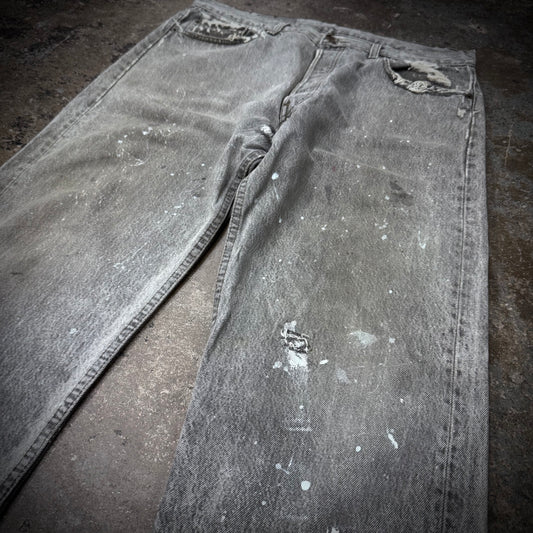 Vintage 90s Distressed Repaired Paint Stained Levi’s 501 Charcoal Grey Denim Jeans