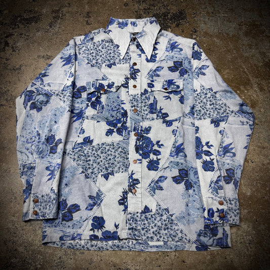 Vintage 60s/70s JcPenneys W/ Wrangler Bullet Snap Button Repaired Printed HBT Shirt