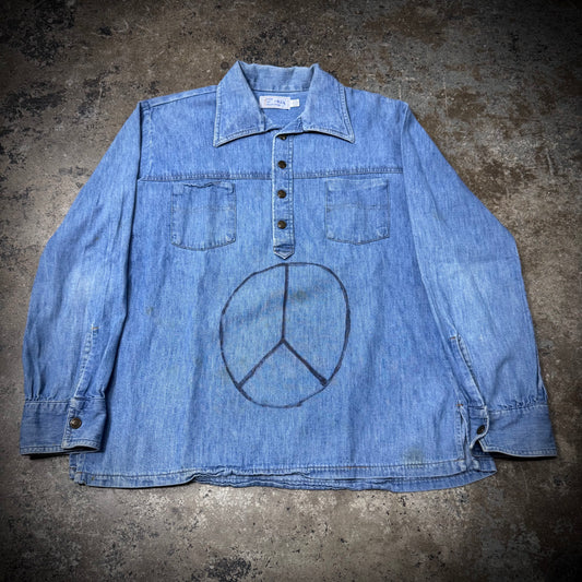 Vintage 70s H.I.S Hand Drawn Hippie 1/4 Button Shirt