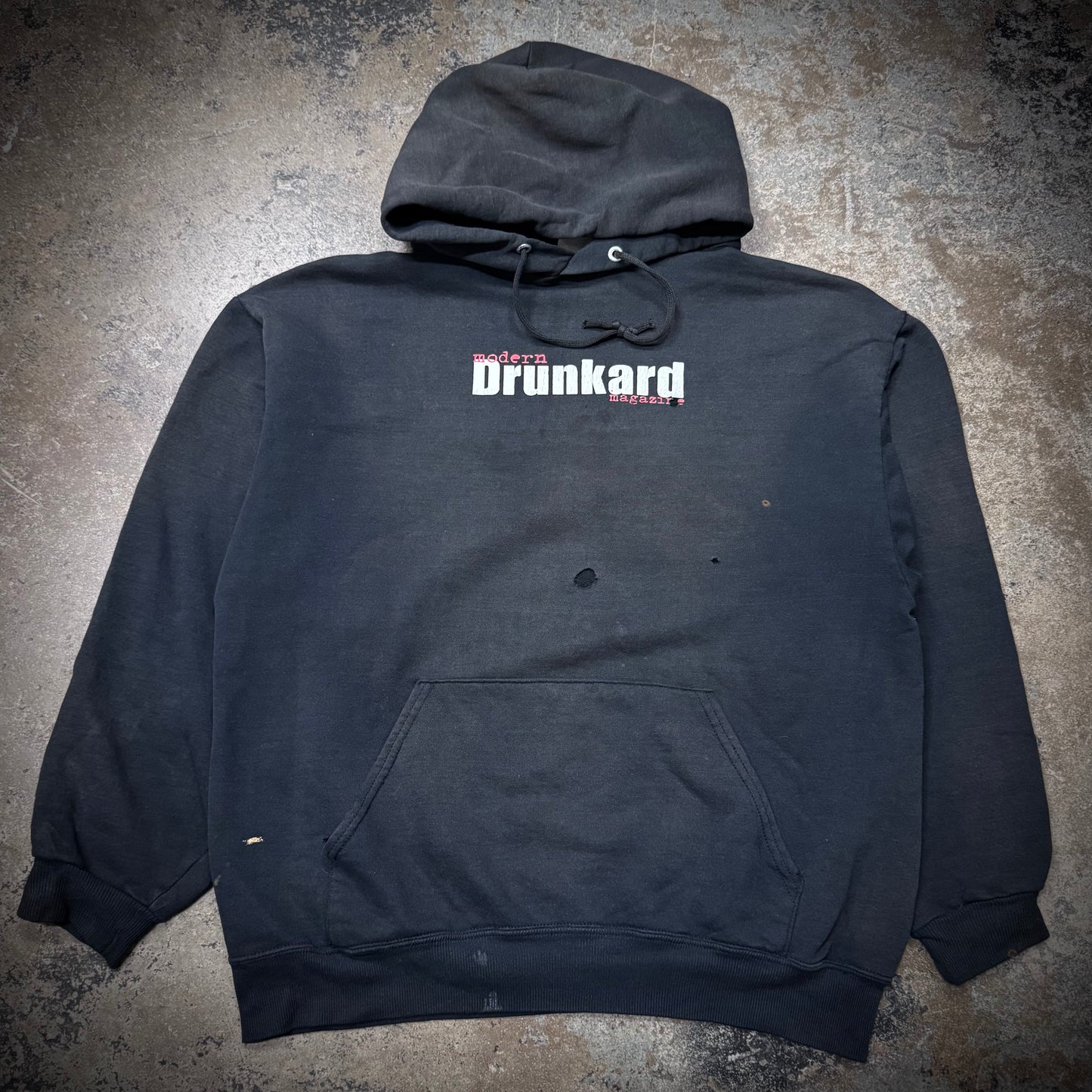 Vintage Modern Drunkard Magazine Distressed Faded Black Hoodie