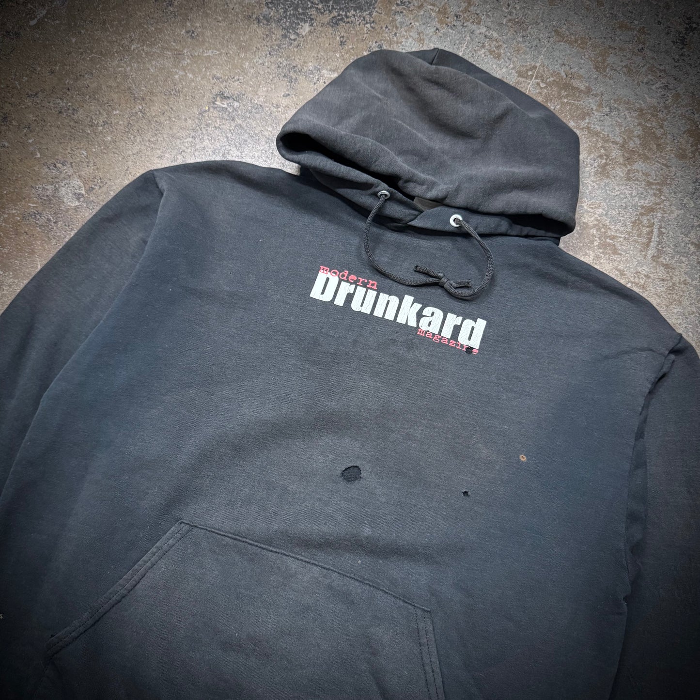 Vintage Modern Drunkard Magazine Distressed Faded Black Hoodie
