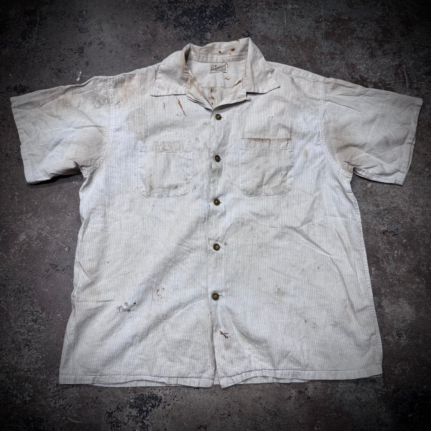 Vintage 50s Thrashed & Repaired Cotton Loop Collar Work Shirt