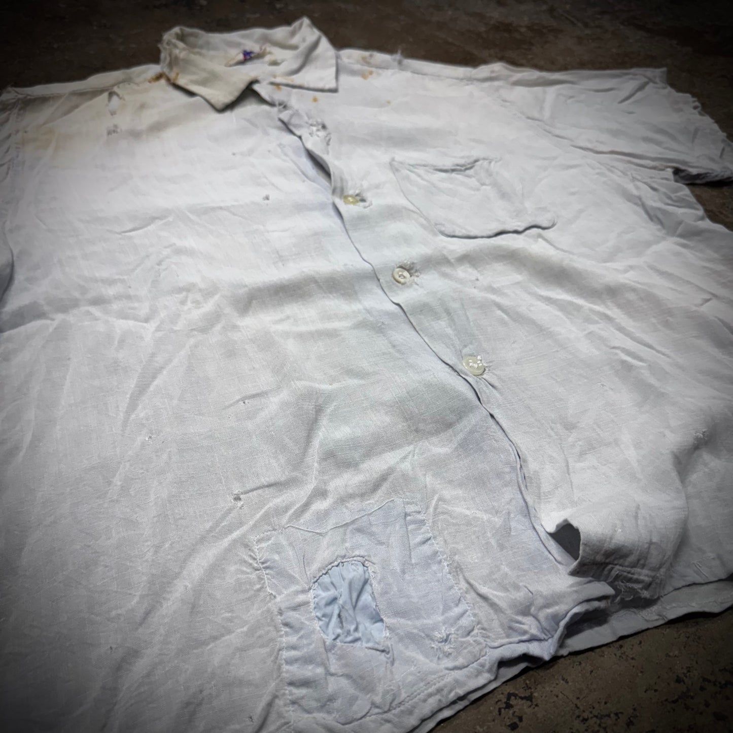 Vintage 50s Thrashed & Repaired Chambray Button Up Work Shirt